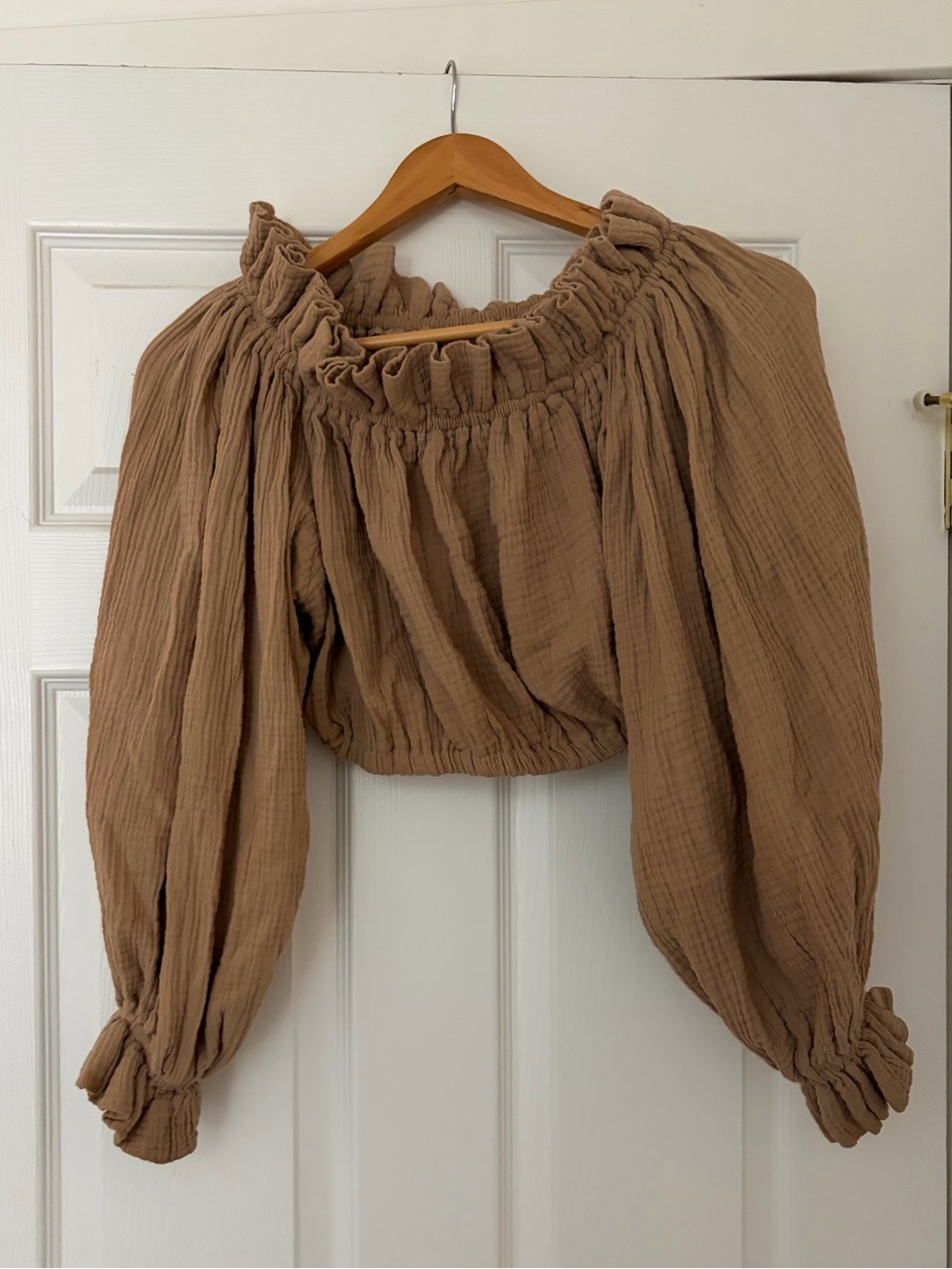 Boheme Cropped Off-Shoulder Peasant Blouse in Taupe